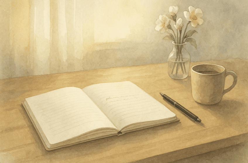 Warm watercolor illustration of a notebook, pen, and flowers representing end-of-life planning